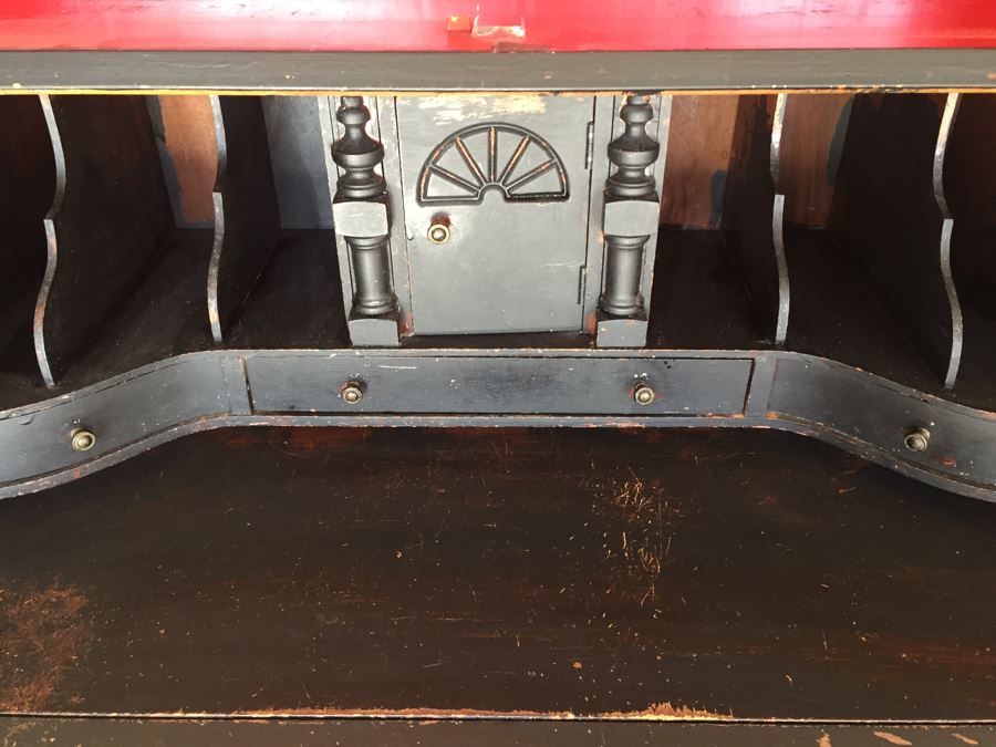 Nice Vintage Secretary Desk Painted Black And Red With Ball And Claw Feet [Photo 15]