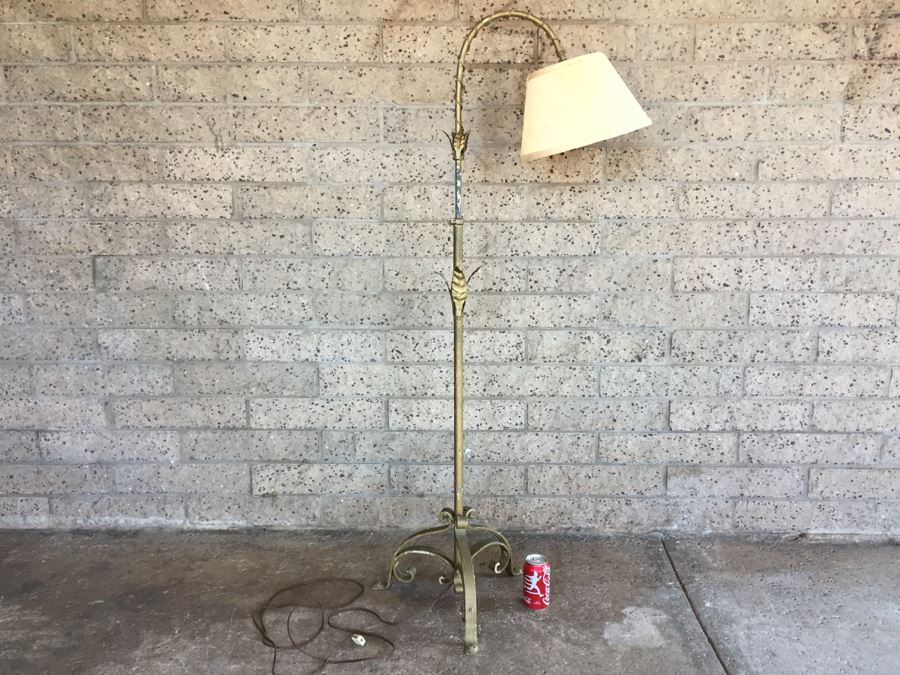 Impressive Gilt Wrought Iron Italian Floor Lamp With Floral And Vine Motif