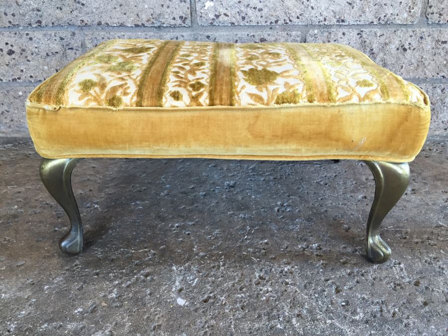 Vintage Upholstered Stool With Metal Queen Anne Legs [Photo 1]