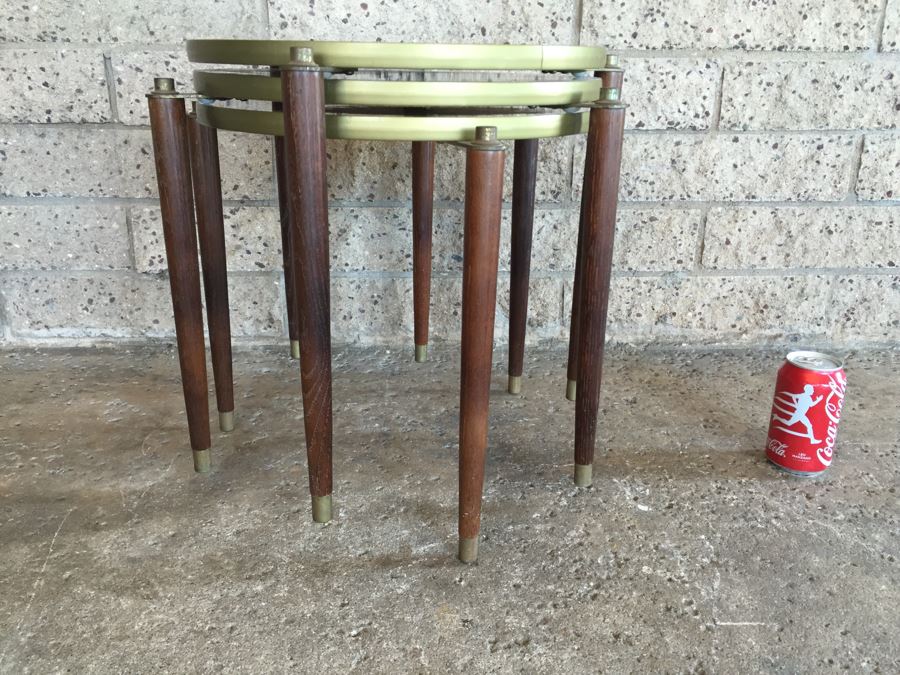 Mid-Century Nesting Tables With Wooden Legs (Note Table Is Particle Board Backed) [Photo 1]