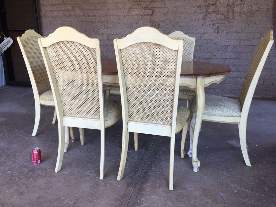 French Provincial Style Dining Table With One Leaf And 6 Cane Back Chairs [Photo 6]