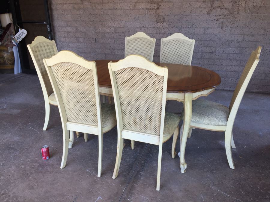 French Provincial Style Dining Table With One Leaf And 6 Cane Back Chairs