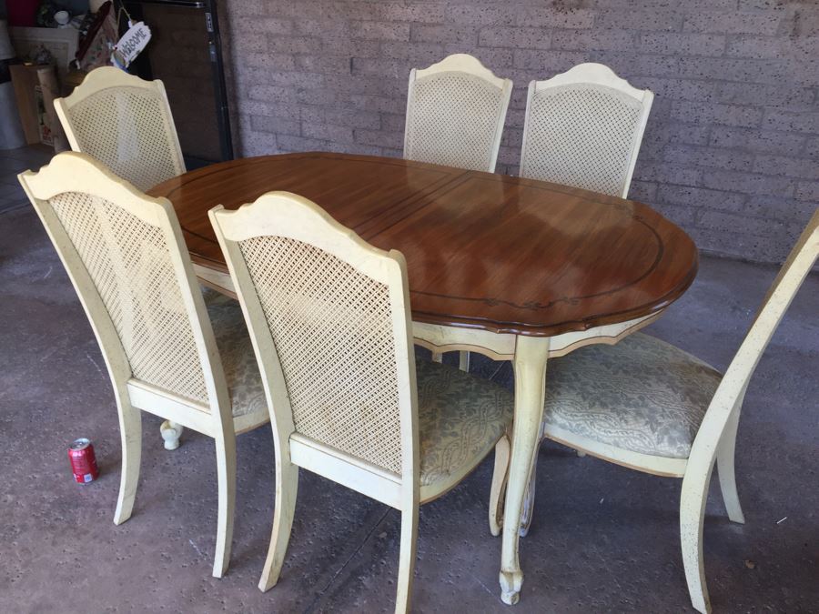 French Provincial Style Dining Table With One Leaf And 6 Cane Back Chairs