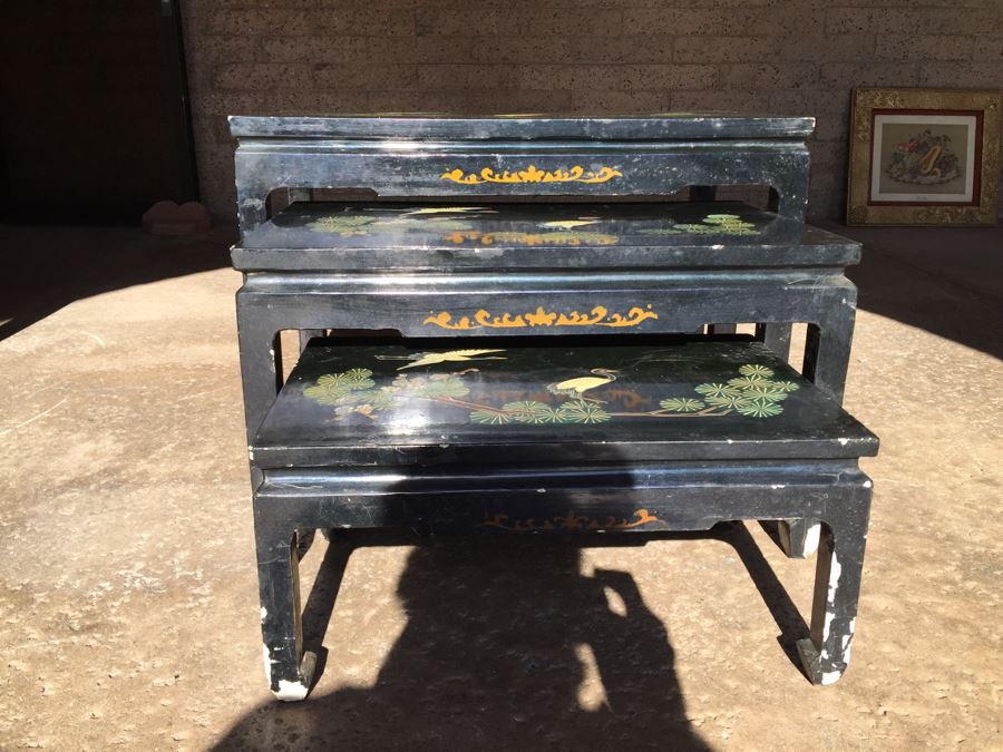 Set Of Hand Painted Chinese Nesting Tables Black Lacquer [Photo 9]