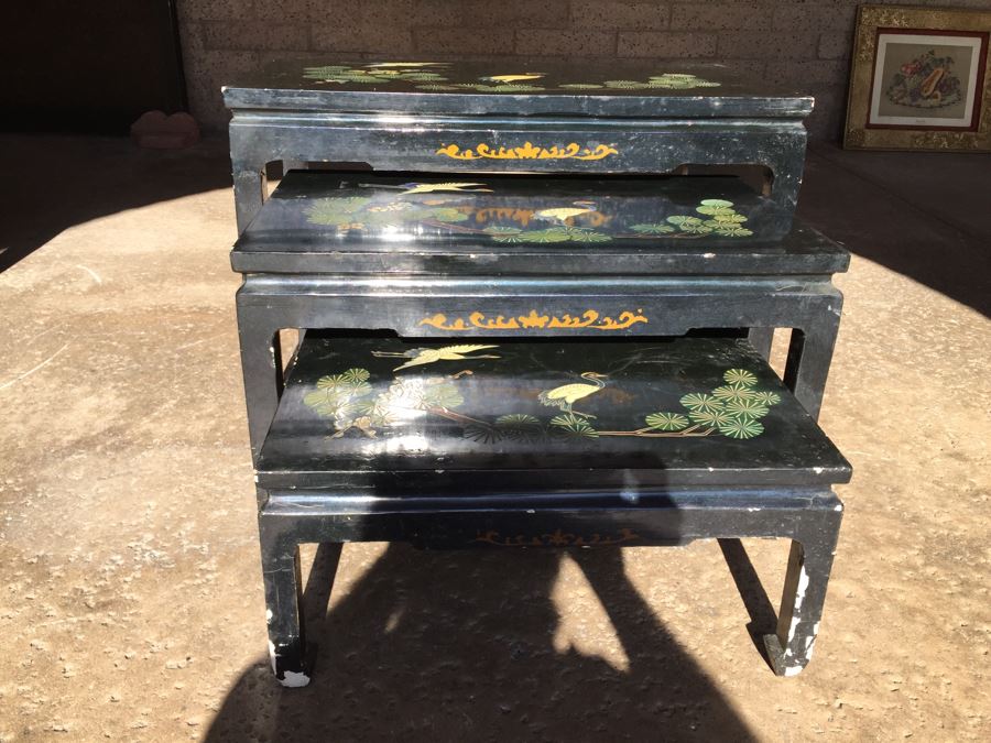 Set Of Hand Painted Chinese Nesting Tables Black Lacquer [Photo 8]