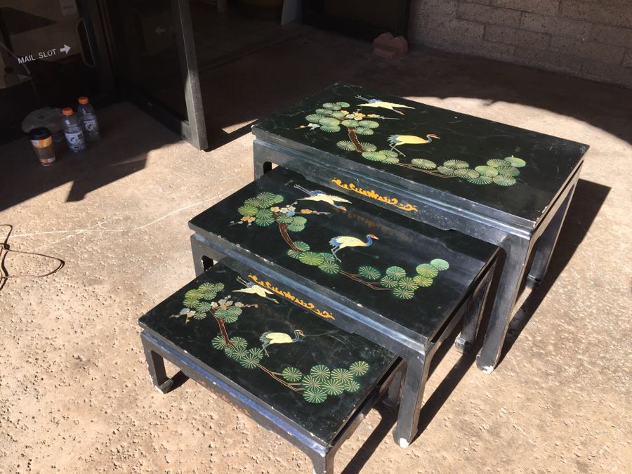 Set Of Hand Painted Chinese Nesting Tables Black Lacquer [Photo 10]