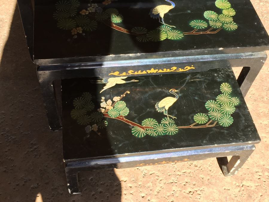 Set Of Hand Painted Chinese Nesting Tables Black Lacquer [Photo 7]