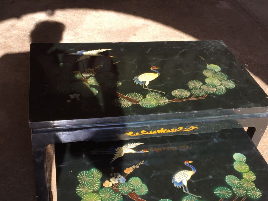 Set Of Hand Painted Chinese Nesting Tables Black Lacquer [Photo 5]