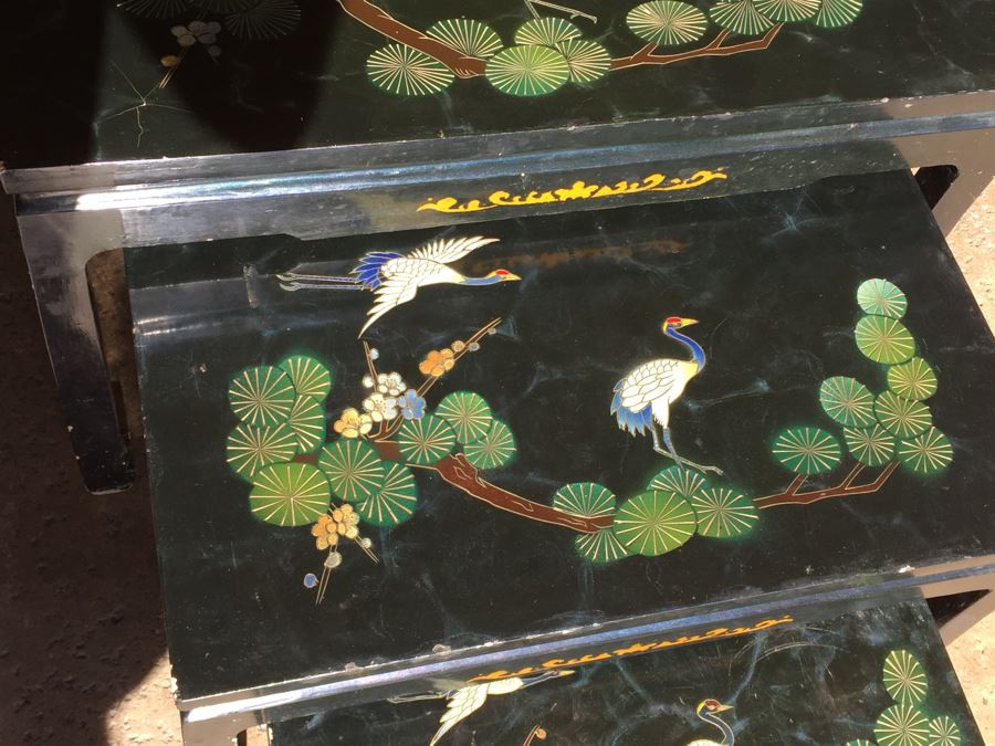 Set Of Hand Painted Chinese Nesting Tables Black Lacquer [Photo 3]