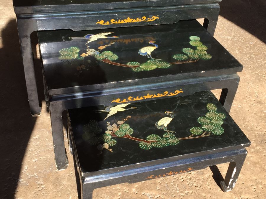 Set Of Hand Painted Chinese Nesting Tables Black Lacquer [Photo 4]