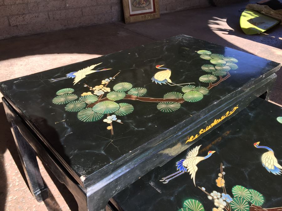 Set Of Hand Painted Chinese Nesting Tables Black Lacquer [Photo 20]