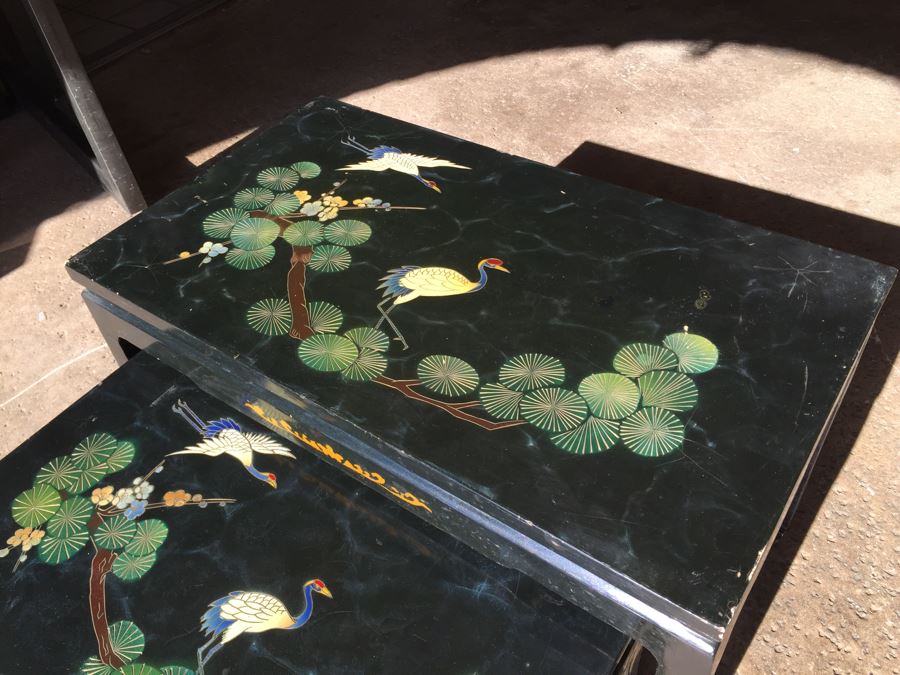 Set Of Hand Painted Chinese Nesting Tables Black Lacquer [Photo 11]