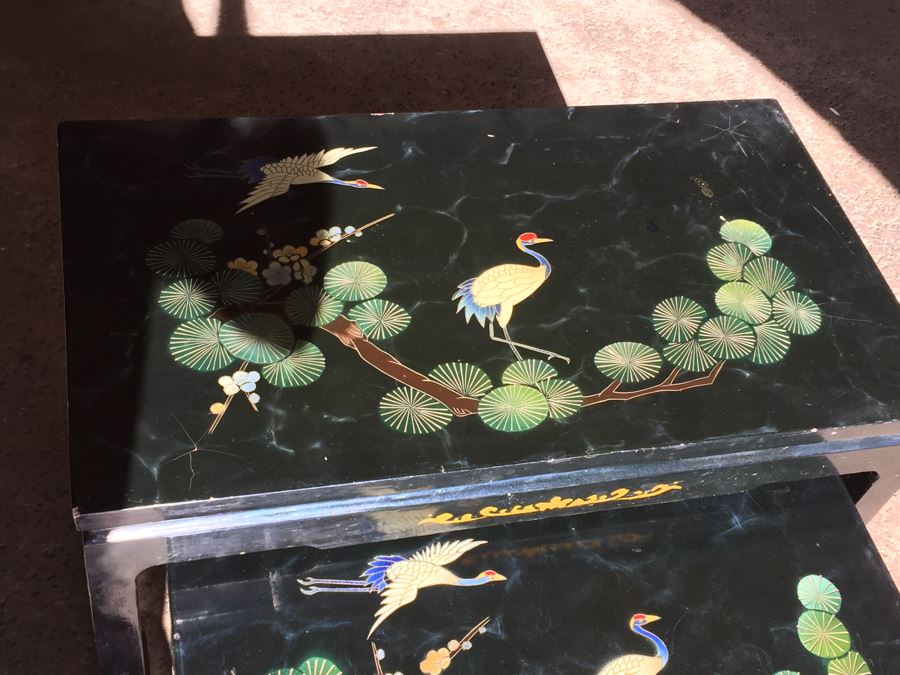 Set Of Hand Painted Chinese Nesting Tables Black Lacquer [Photo 6]
