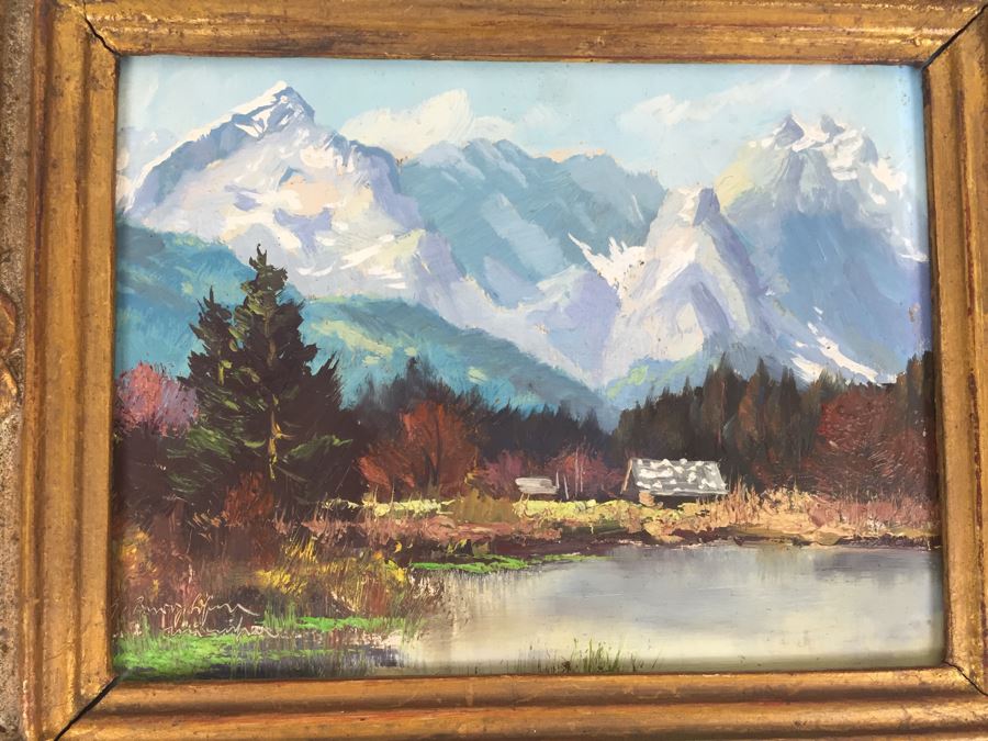 Pair Of Nicely Executed Original Oil Paintings On Board In Vintage Gilt Frames Signed By Artist Signature Illegible Munchen Germany [Photo 3]