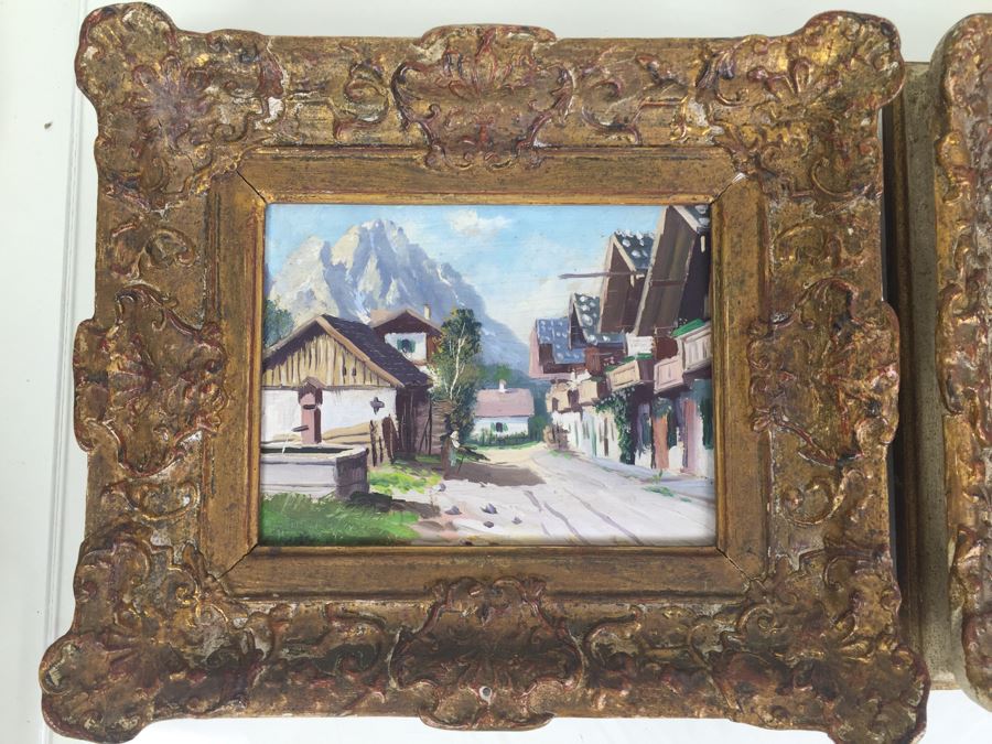 Pair Of Nicely Executed Original Oil Paintings On Board In Vintage Gilt Frames Signed By Artist Signature Illegible Munchen Germany [Photo 2]