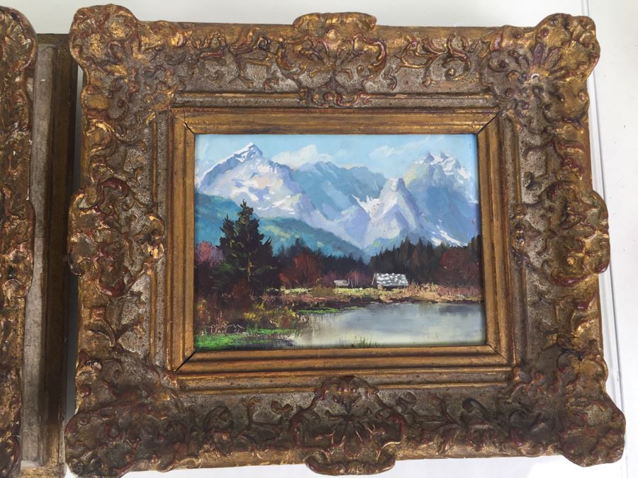 Pair Of Nicely Executed Original Oil Paintings On Board In Vintage Gilt Frames Signed By Artist Signature Illegible Munchen Germany [Photo 4]