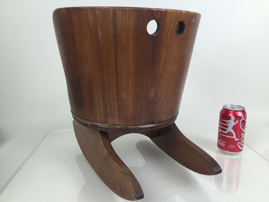 Vintage Childs Wood Barrel Rocking Chair Putney Vermont Basketville Striped Seat [Photo 10]