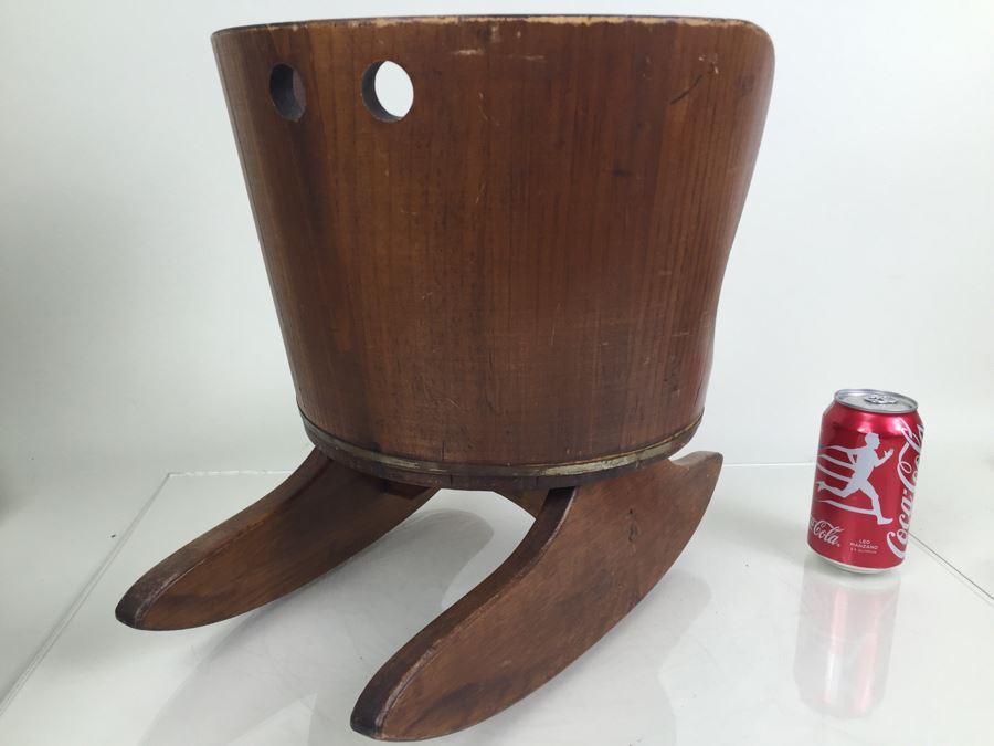 Vintage Childs Wood Barrel Rocking Chair Putney Vermont Basketville Striped Seat [Photo 7]