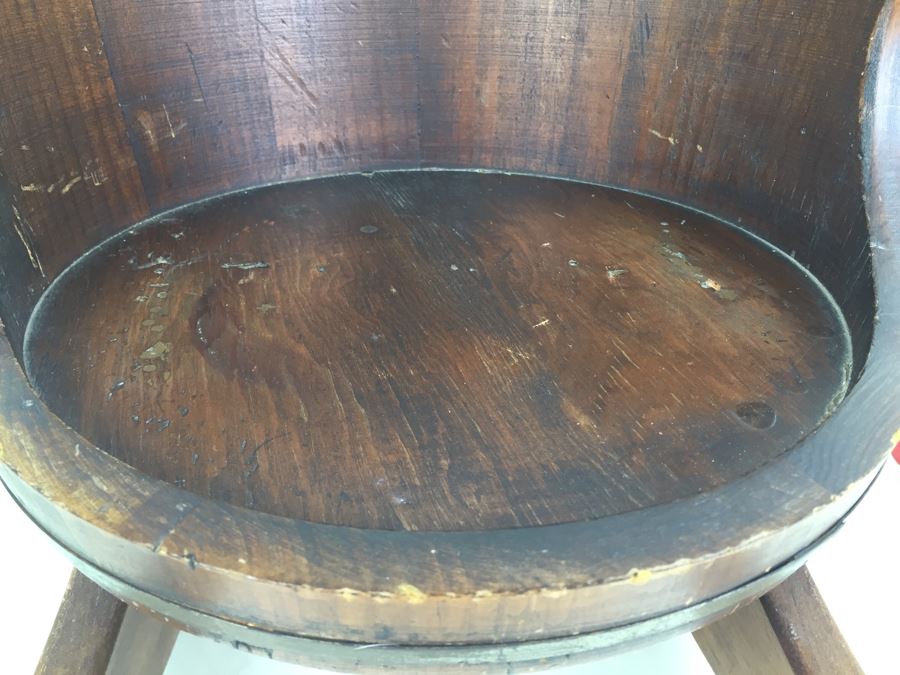 Vintage Childs Wood Barrel Rocking Chair Putney Vermont Basketville Striped Seat [Photo 4]