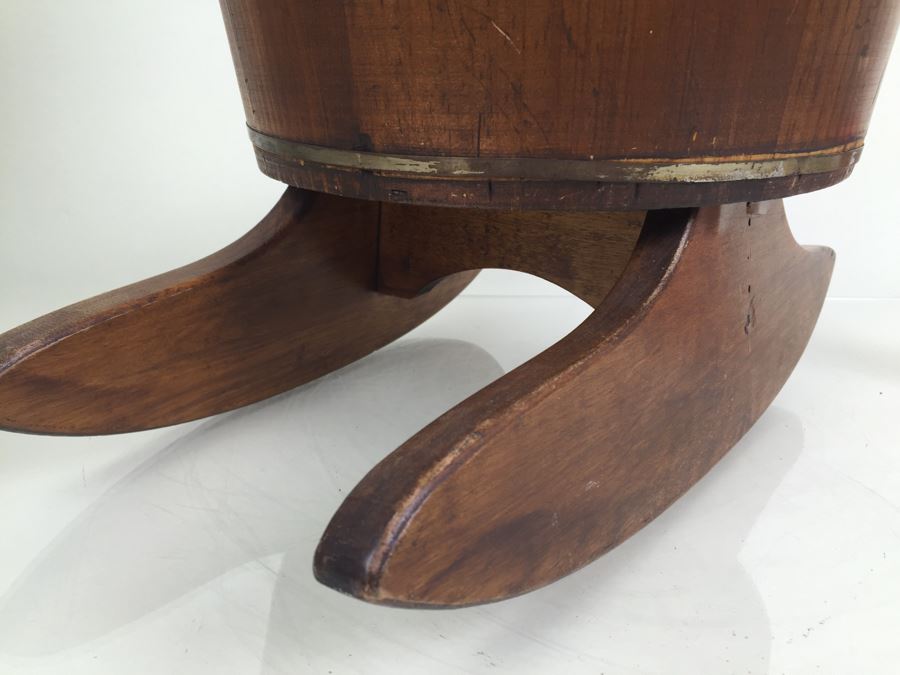 Vintage Childs Wood Barrel Rocking Chair Putney Vermont Basketville Striped Seat [Photo 9]