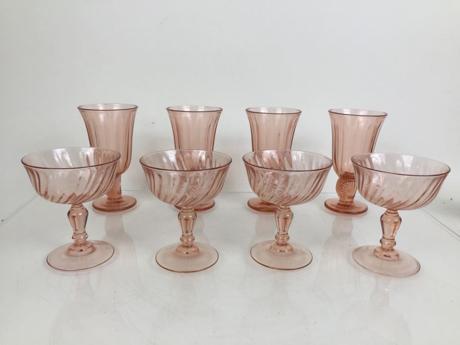 Set Of 8 Pink Stemware Glasses Swirl And Shell Motif [Photo 4]