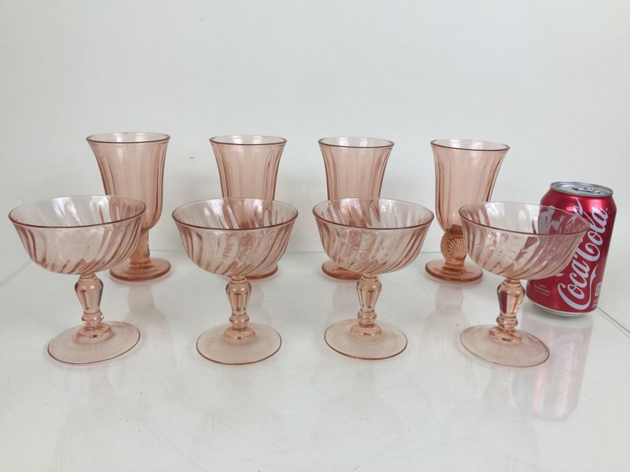 Set Of 8 Pink Stemware Glasses Swirl And Shell Motif
