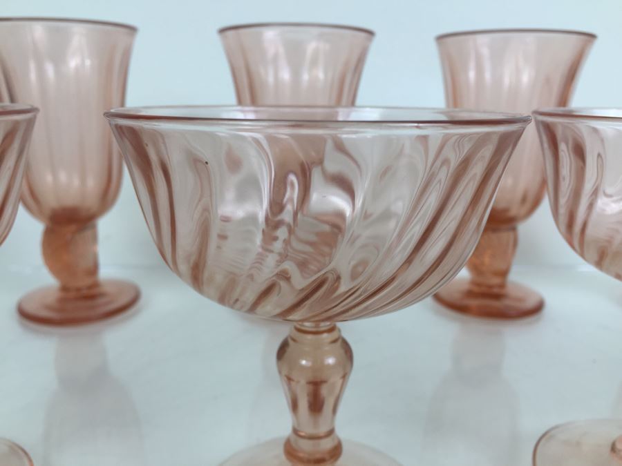 Set Of 8 Pink Stemware Glasses Swirl And Shell Motif [Photo 6]