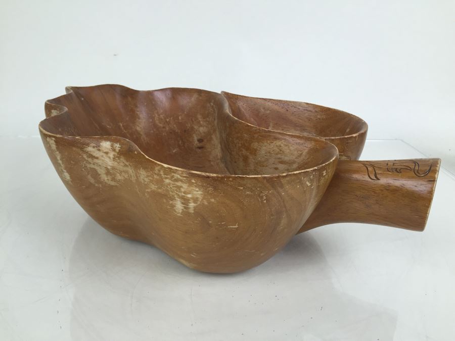 Mid-Century Large Monkey Pod Wood Bowl Hawaii Leaf Shape Carved Server [Photo 11]
