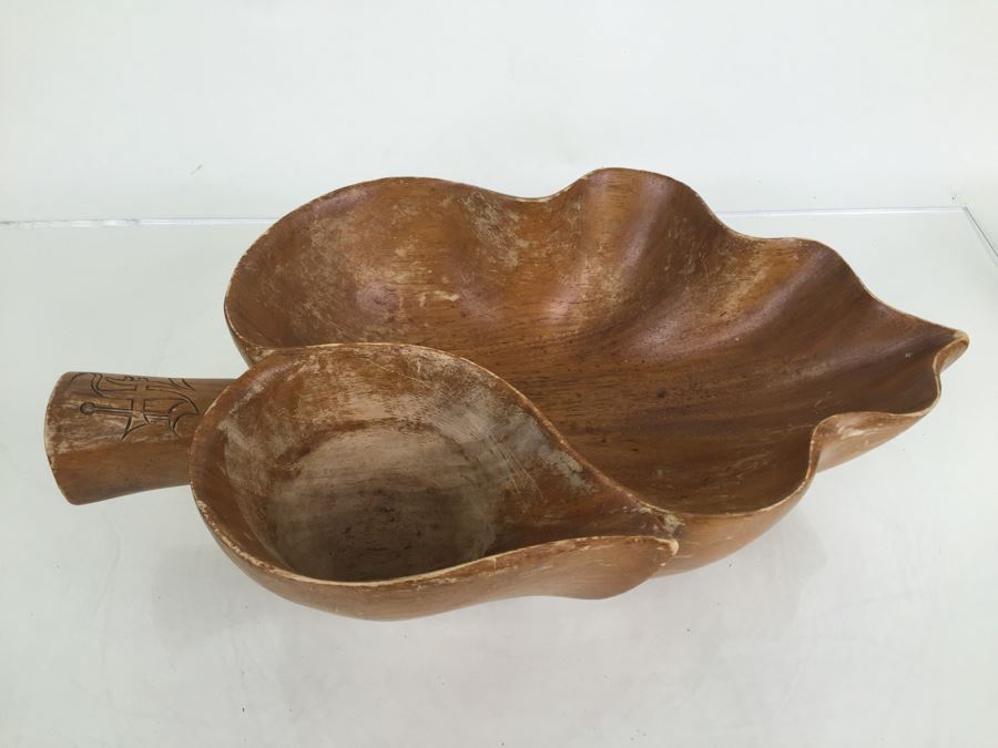 Mid-Century Large Monkey Pod Wood Bowl Hawaii Leaf Shape Carved Server [Photo 2]