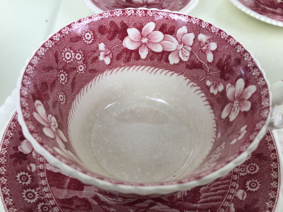 (13) Spode's Tower Copeland England Red Transferware Cups And Saucers Single Handle [Photo 6]