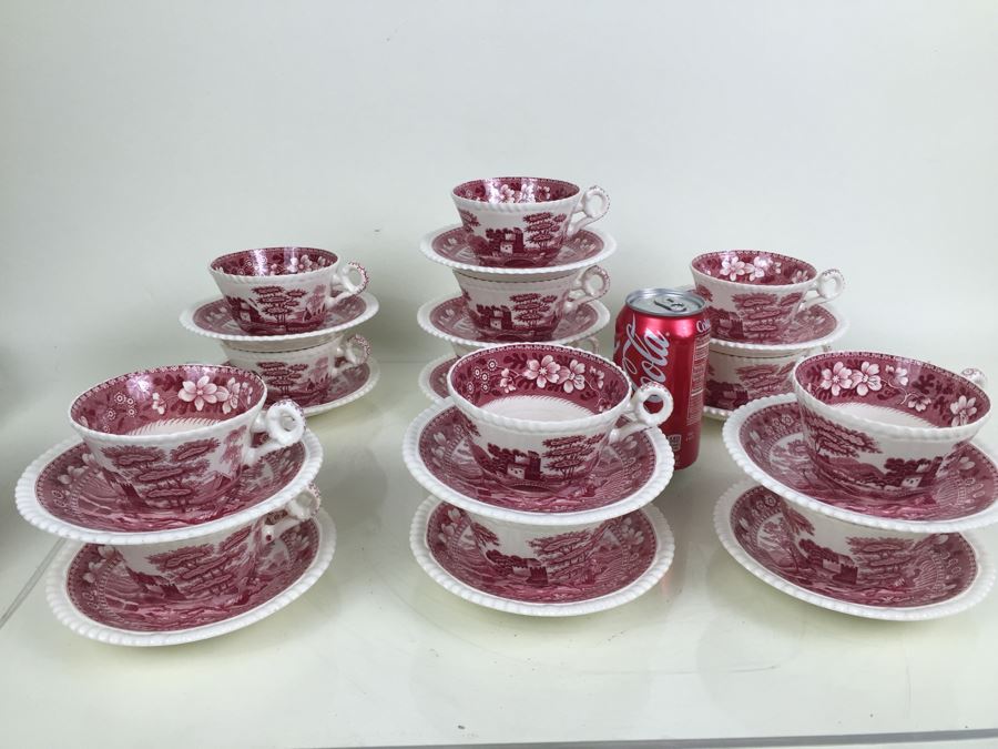 (13) Spode's Tower Copeland England Red Transferware Cups And Saucers Single Handle