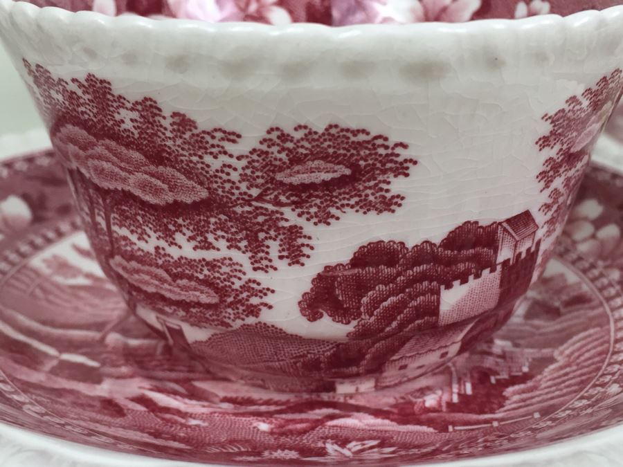 (13) Spode's Tower Copeland England Red Transferware Cups And Saucers Single Handle [Photo 9]