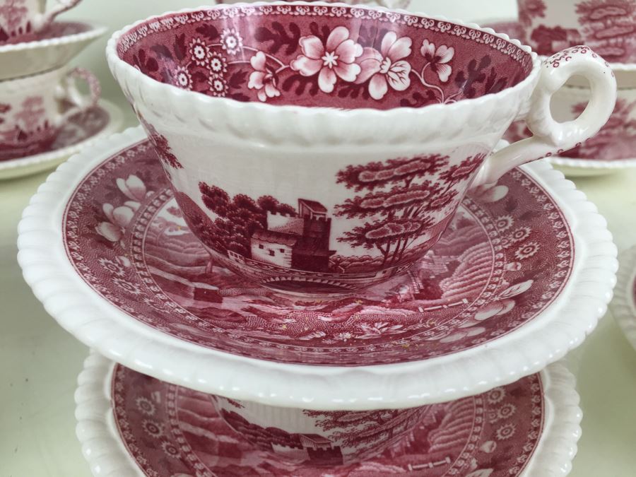 (13) Spode's Tower Copeland England Red Transferware Cups And Saucers Single Handle [Photo 2]