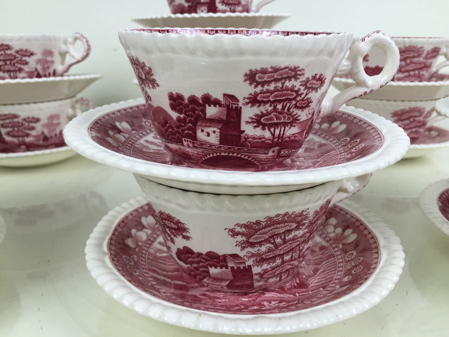 (13) Spode's Tower Copeland England Red Transferware Cups And Saucers Single Handle [Photo 5]