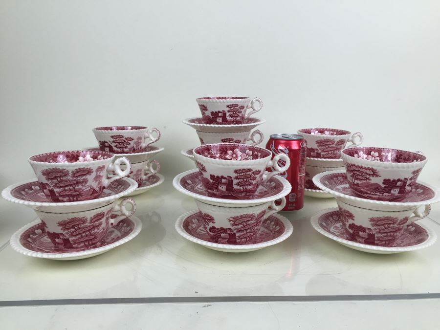 (13) Spode's Tower Copeland England Red Transferware Cups And Saucers Single Handle [Photo 4]
