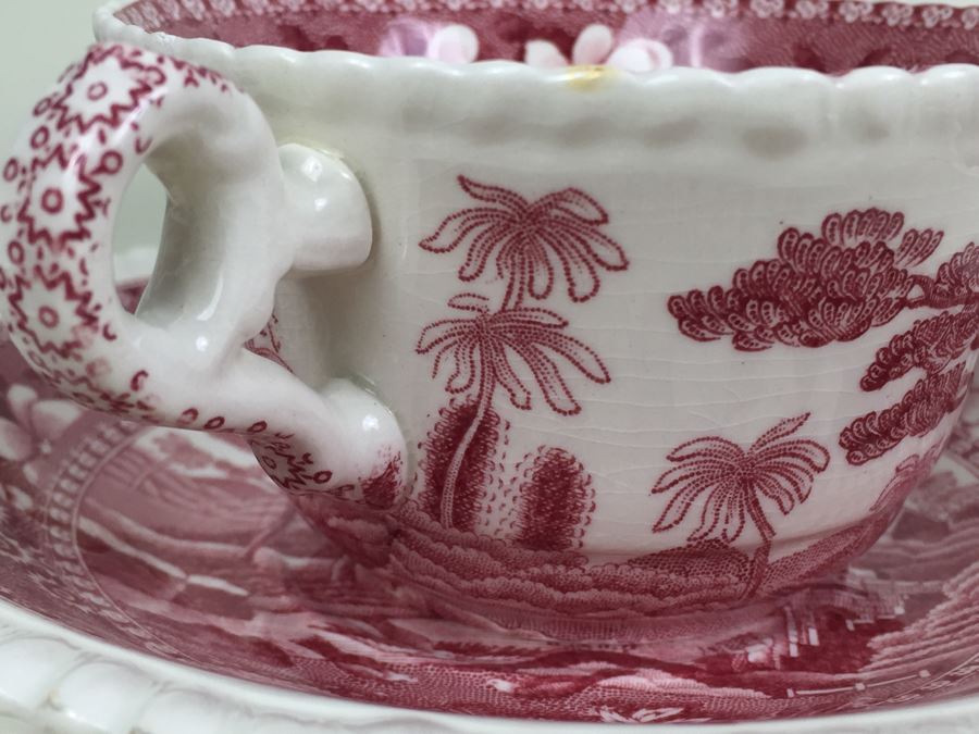(13) Spode's Tower Copeland England Red Transferware Cups And Saucers Single Handle [Photo 11]