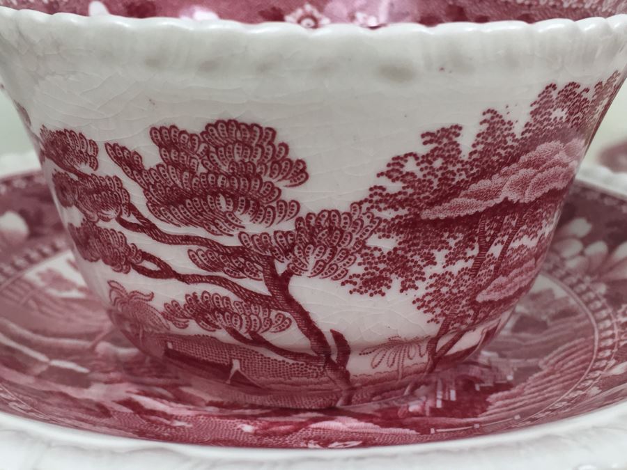 (13) Spode's Tower Copeland England Red Transferware Cups And Saucers Single Handle [Photo 10]