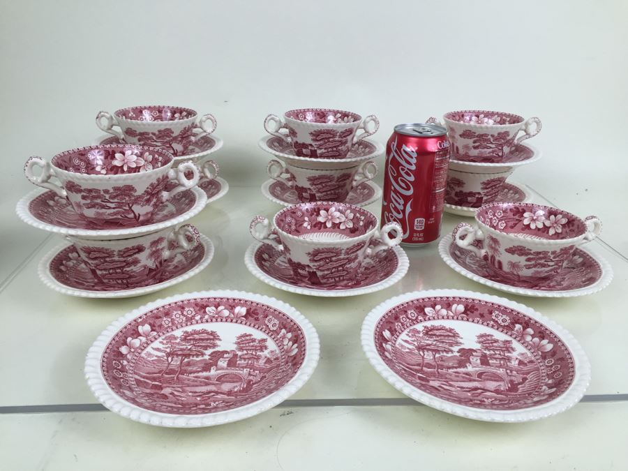 (10) Spode's Tower Copeland England Red Transferware Cups And Saucers Double Handle