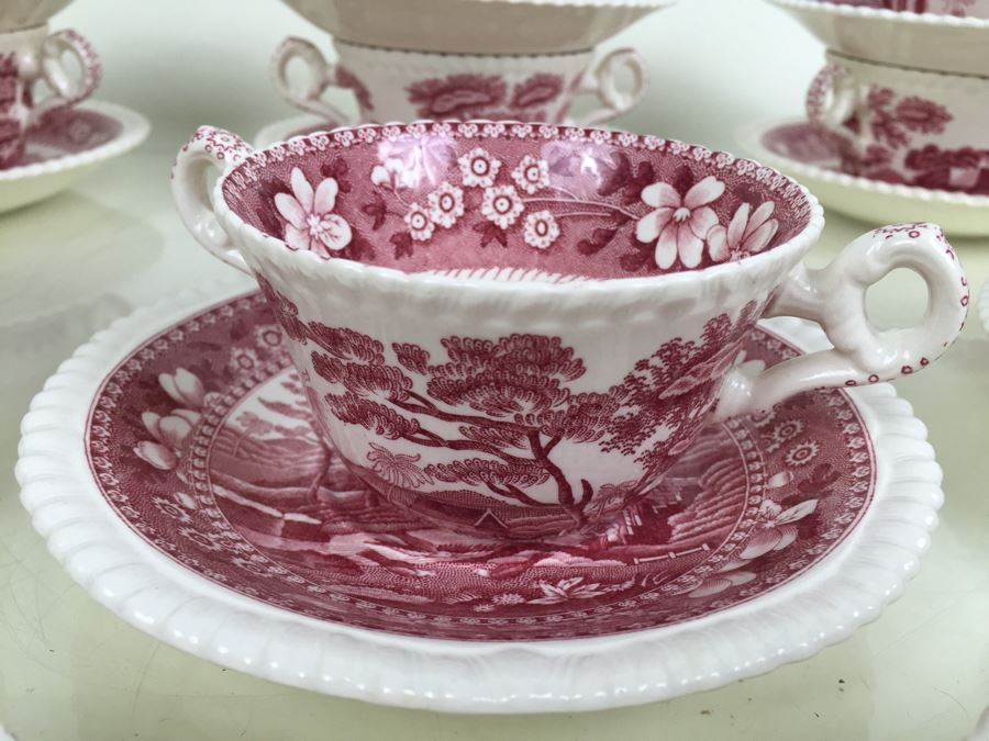 (10) Spode's Tower Copeland England Red Transferware Cups And Saucers