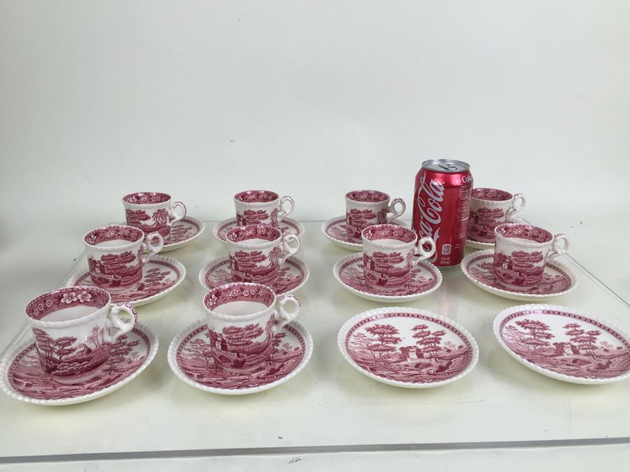 (10) Spode's Tower Copeland England Red Transferware DEMITASSE Cups And Saucers