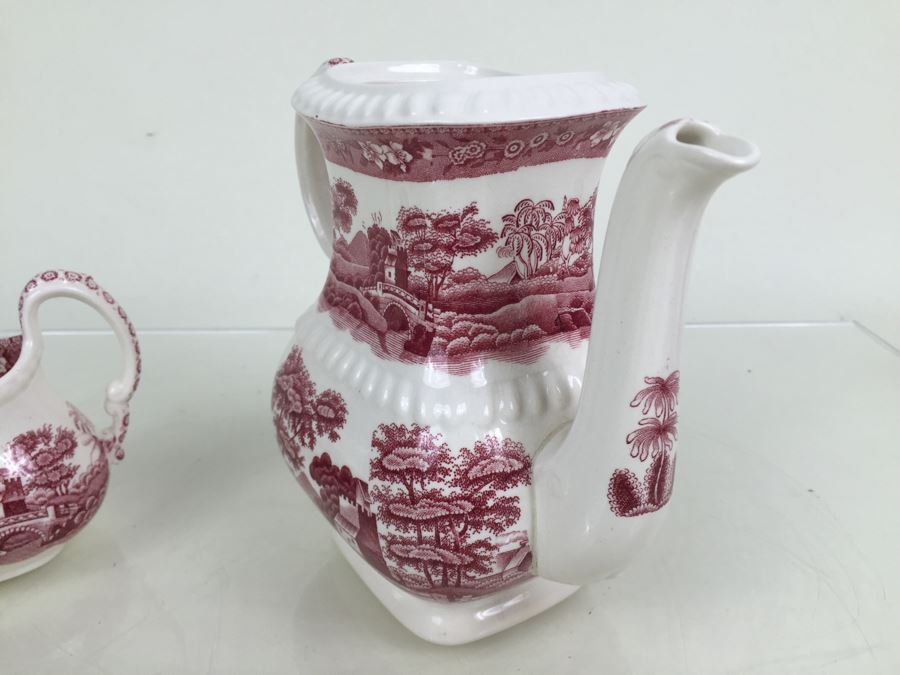 Spode's Tower Copeland England Red Transferware Coffee Pot And Creamer Bowl [Photo 10]