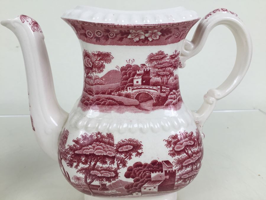 Spode's Tower Copeland England Red Transferware Coffee Pot And Creamer Bowl [Photo 2]
