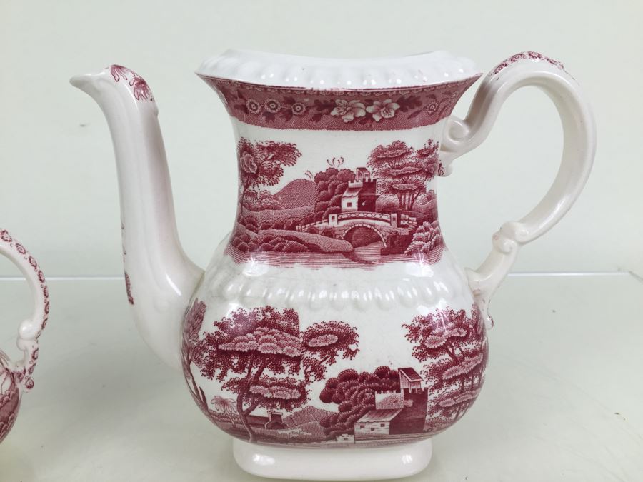 Spode's Tower Copeland England Red Transferware Coffee Pot And Creamer Bowl