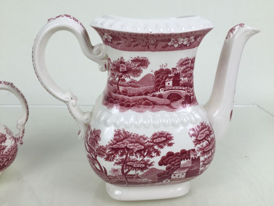 Spode's Tower Copeland England Red Transferware Coffee Pot And Creamer Bowl [Photo 12]