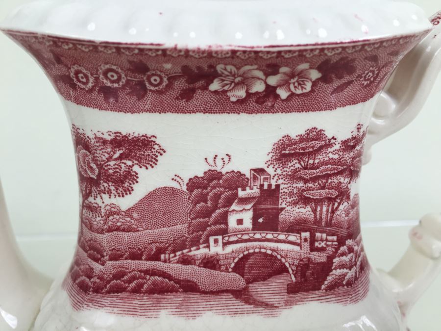Spode's Tower Copeland England Red Transferware Coffee Pot And Creamer Bowl