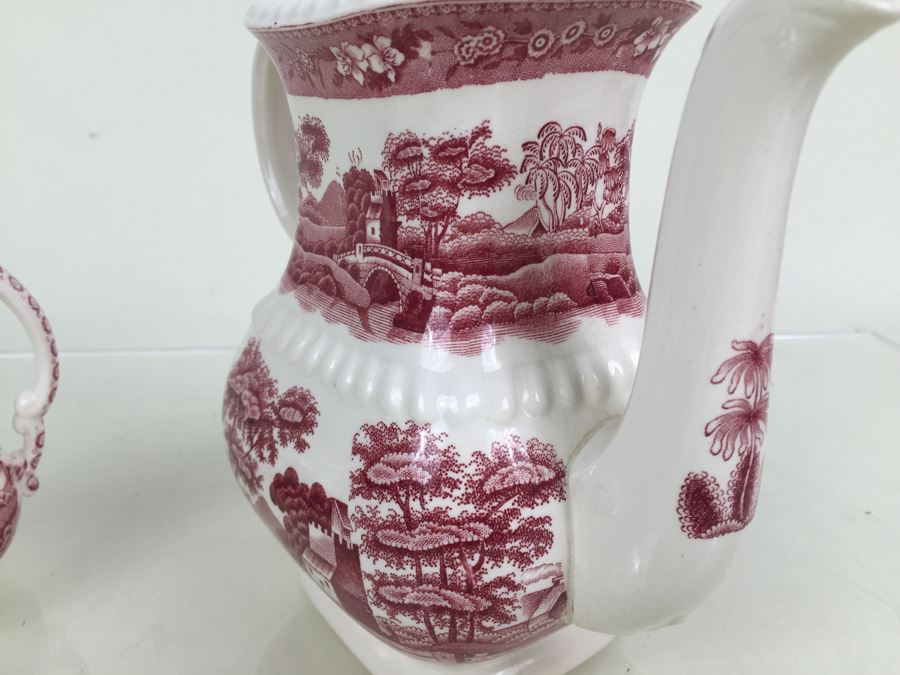 Spode's Tower Copeland England Red Transferware Coffee Pot And Creamer Bowl [Photo 11]