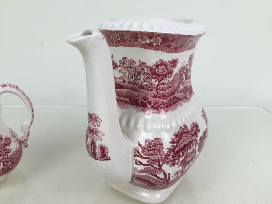 Spode's Tower Copeland England Red Transferware Coffee Pot And Creamer Bowl [Photo 9]