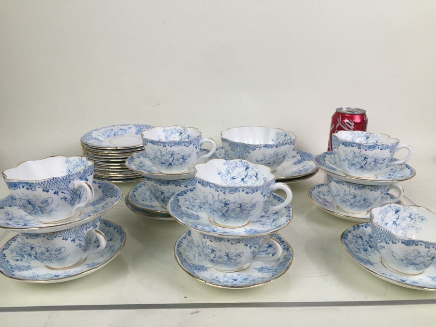 Elegant Set Of Gold Rimmed Blue And White Cups And Saucers With Plates And Bowl [Photo 4]