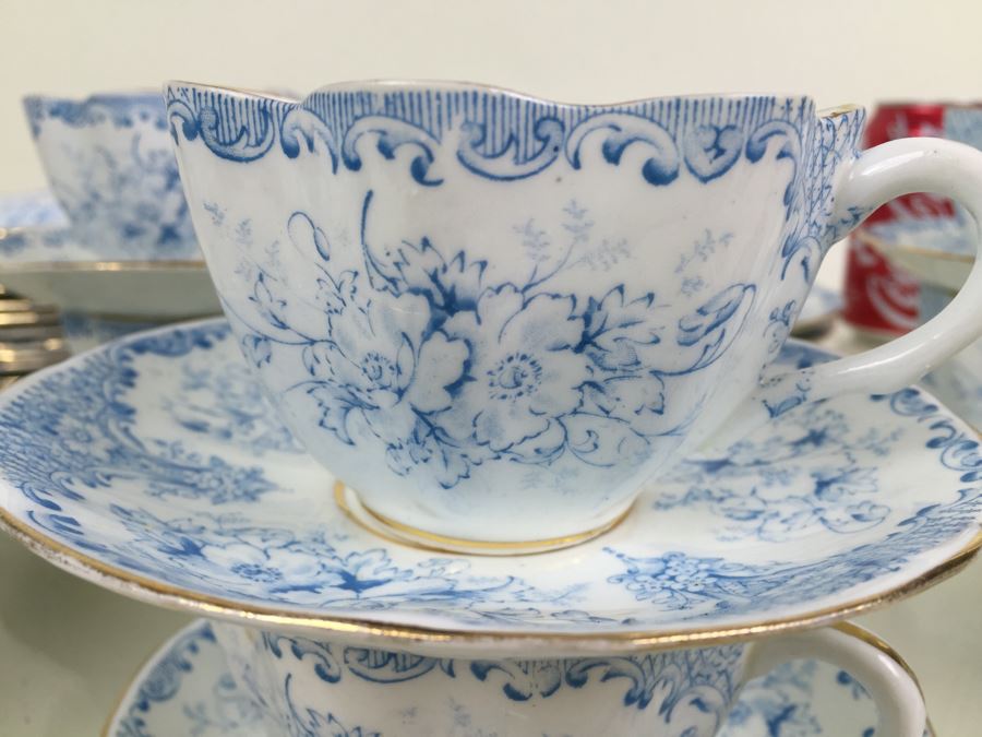 Elegant Set Of Gold Rimmed Blue And White Cups And Saucers With Plates And Bowl [Photo 7]