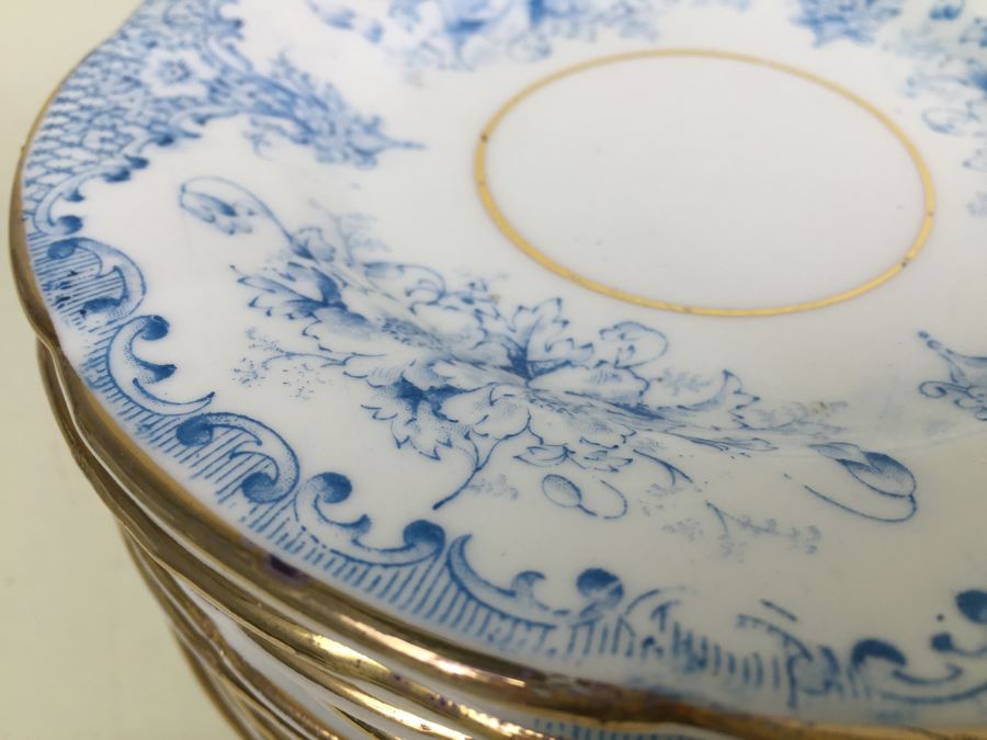 Elegant Set Of Gold Rimmed Blue And White Cups And Saucers With Plates And Bowl [Photo 15]